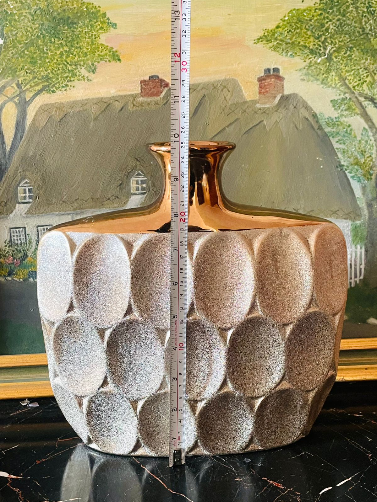 Modern Textured Ceramic Vase with Metallic Bronze Neck – Large Contemporary Accent Piece