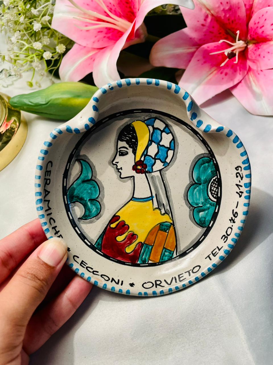 Hand-Painted Ceramic Decorative Dish – Blue & Multicolour 5 in