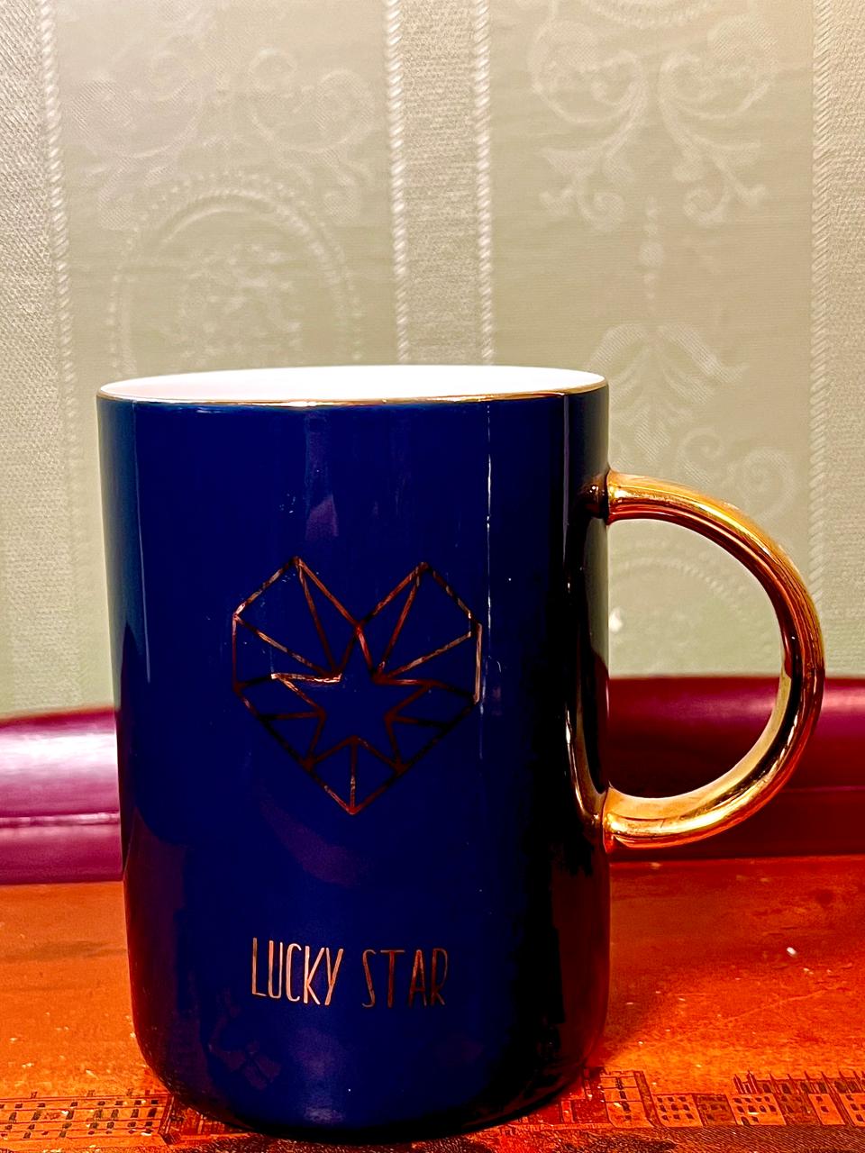 Navy Blue Lucky Star Ceramic Mug with Gold Handle 4.5"
