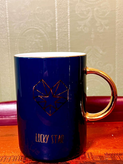 Navy Blue Lucky Star Ceramic Mug with Gold Handle 4.5"