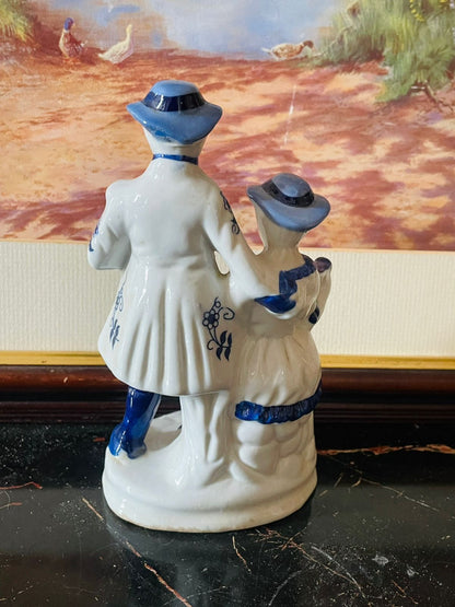 Vintage Blue and White Porcelain Colonial Couple with Musical Instruments (England) Blue Pottery Home Decor