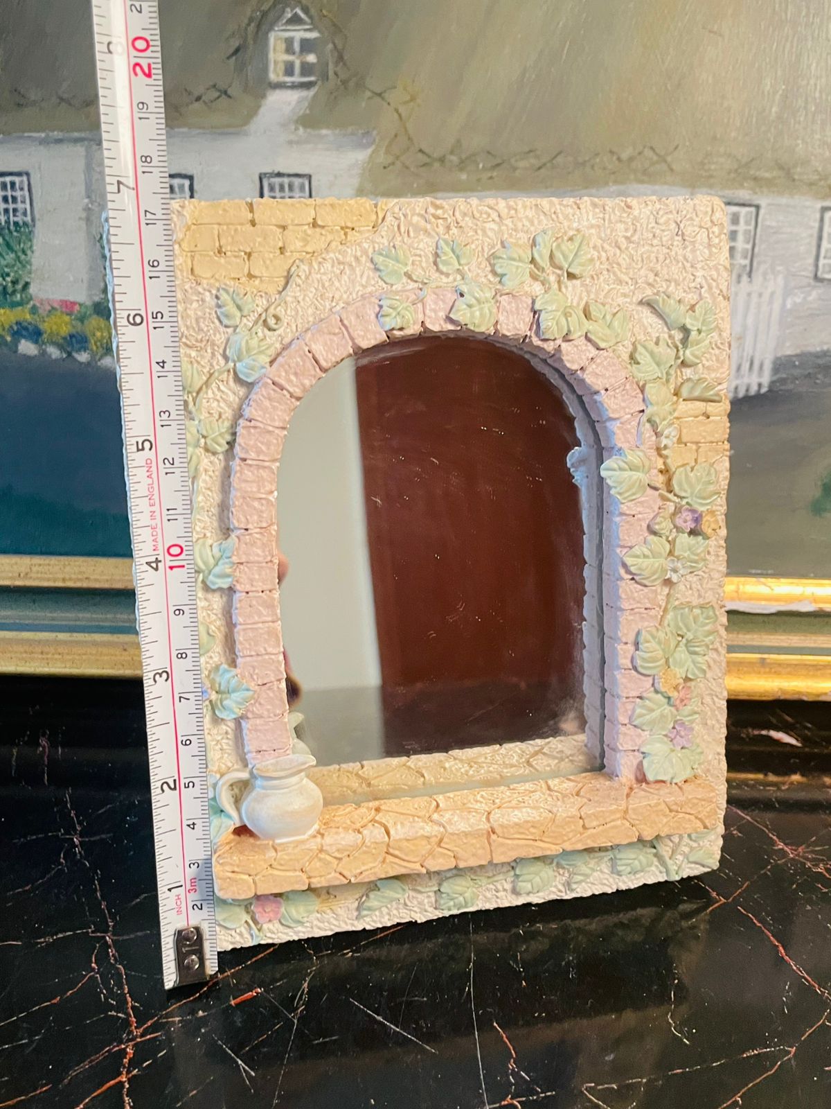 Vintage Mirror - Floral Stone Arch Mirror – Pastel Garden Design – 7 x 9 Inches, home decor