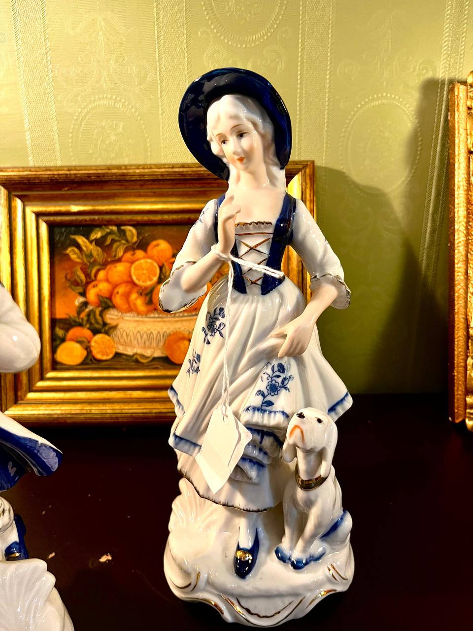 Vintage Blue & White Porcelain Figurine Pair with Dogs – 10 Inch