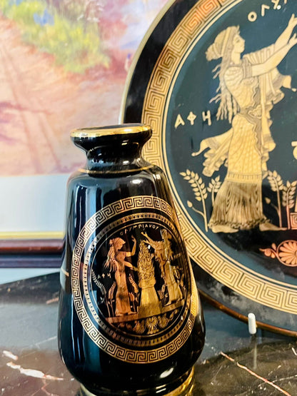 Rare find - 24kt Gold Greece Black & Gold Set of Decorative Plate & Vases – Handcrafted Mythological Design - Set of 3 - Home Decor