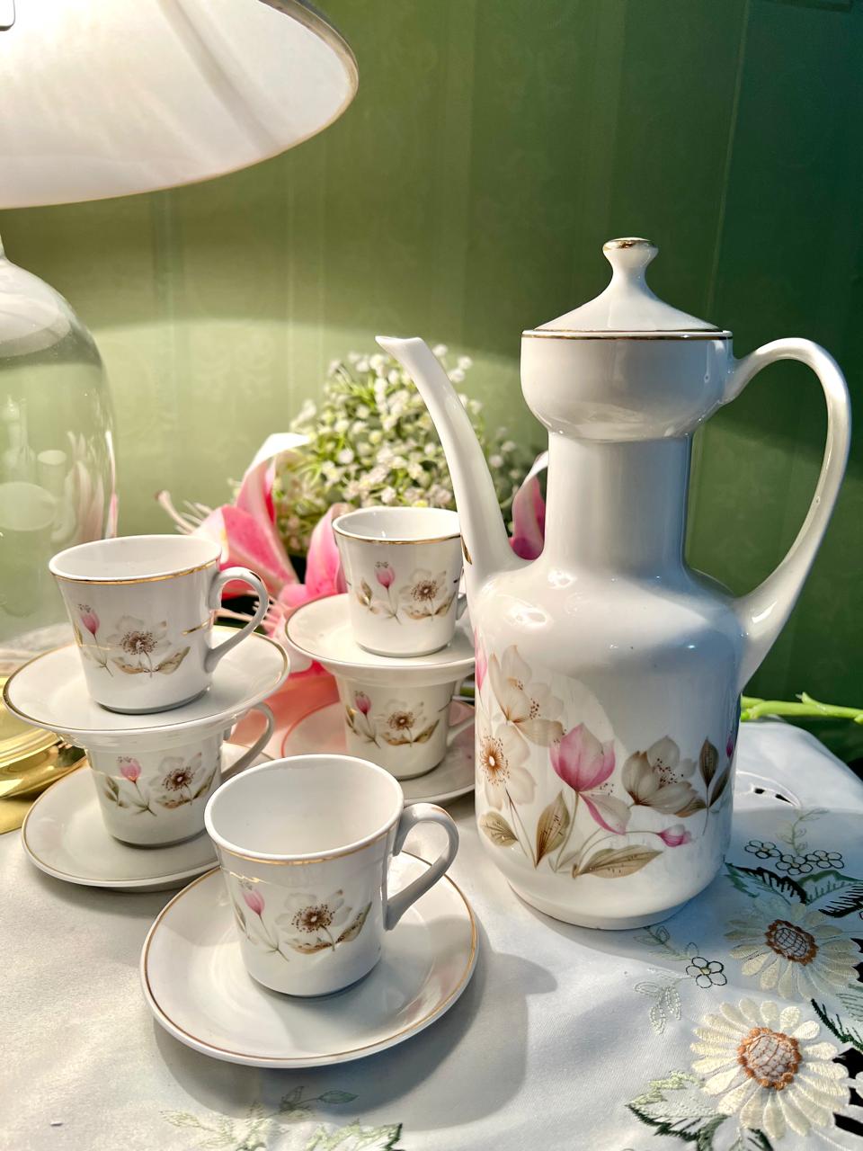Floral Coffee Set Gold-Tone Trim 13 Piece
