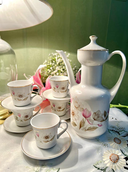 Floral Coffee Set Gold-Tone Trim 13 Piece