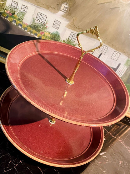 Vintage Kiln Craft 2-Tier Cake Stand – Rustic Burgundy Ironstone Elegance