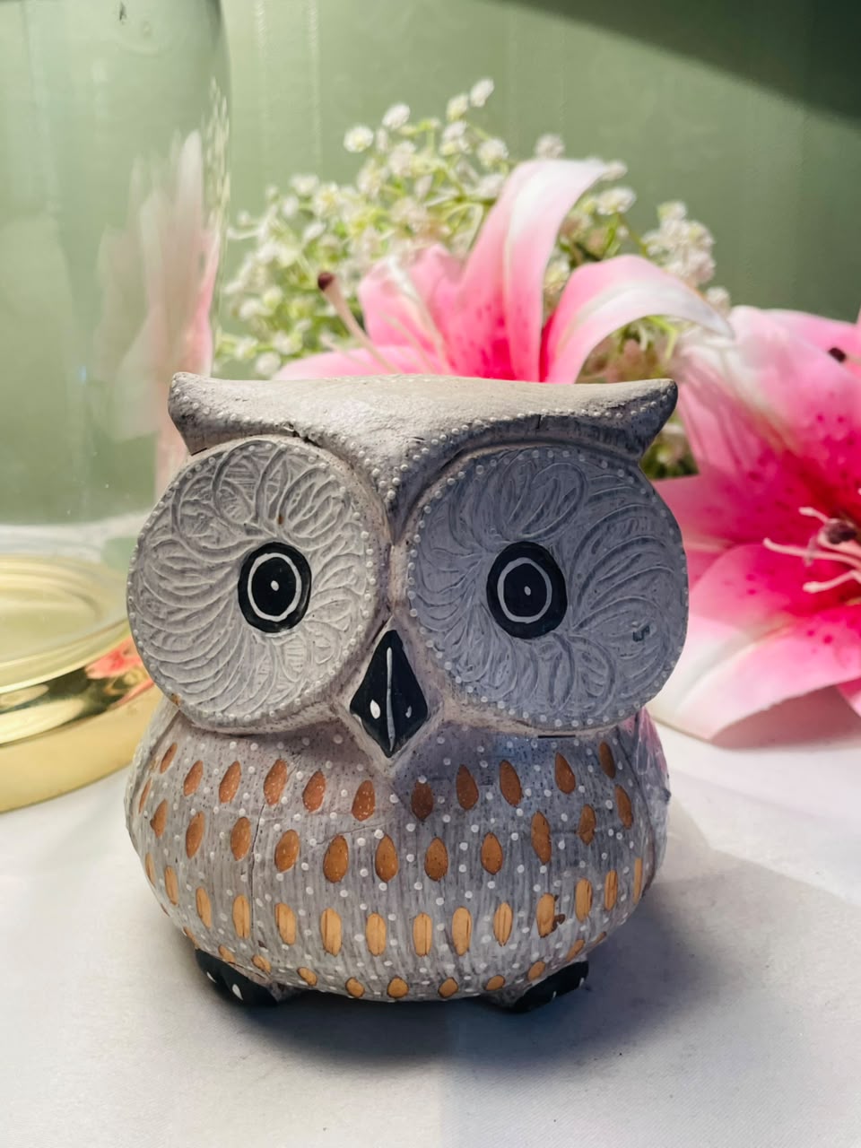 Grey Textured Owl wooden Figurine with Ochre Detail Approx. 12 cm
