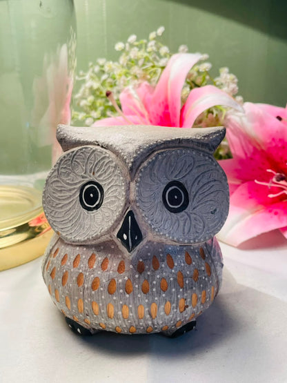 Grey Textured Owl wooden Figurine with Ochre Detail Approx. 12 cm