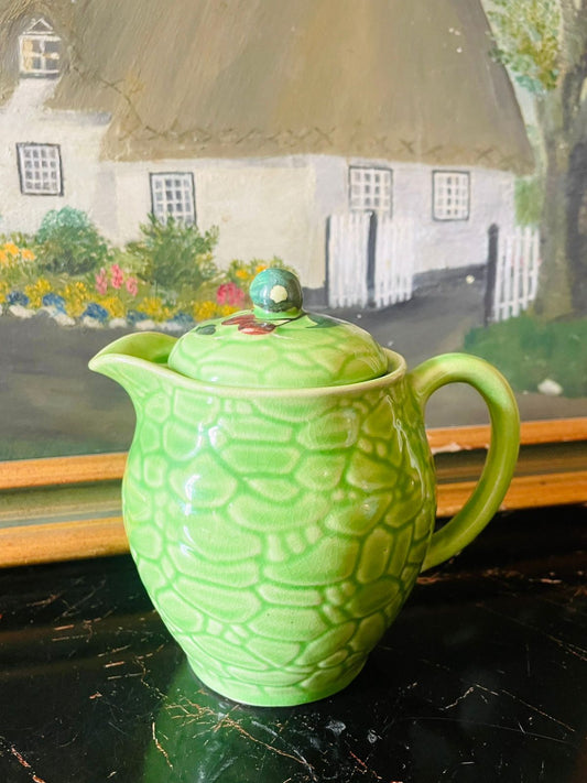 vintage green jug, english pottery pitcher, crackle glaze ceramic, retro kitchenware decor, cottagecore pottery, vintage teapot jug, rare thrift find pakistan, sunset kitchen vintage, english green ceramic pot