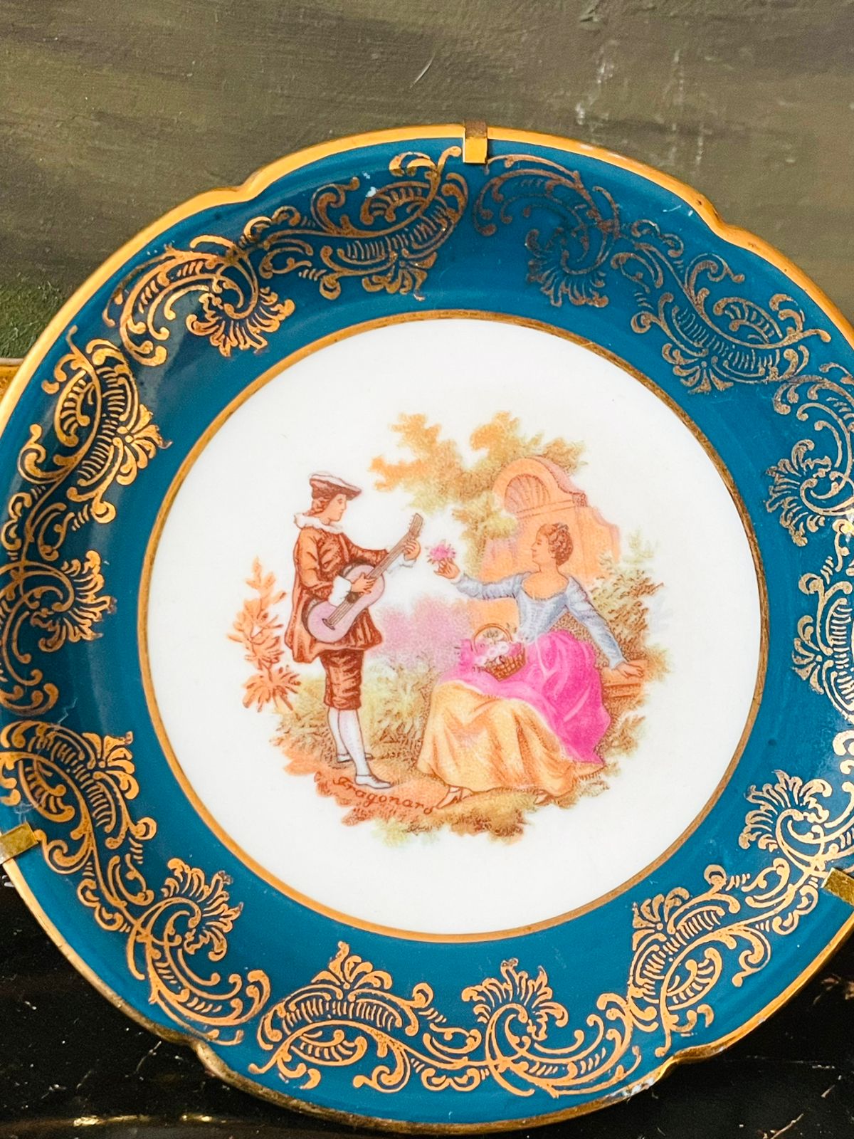Limoges France Mini Decorative Plate – Rococo Courting Scene with Gold Scrollwork