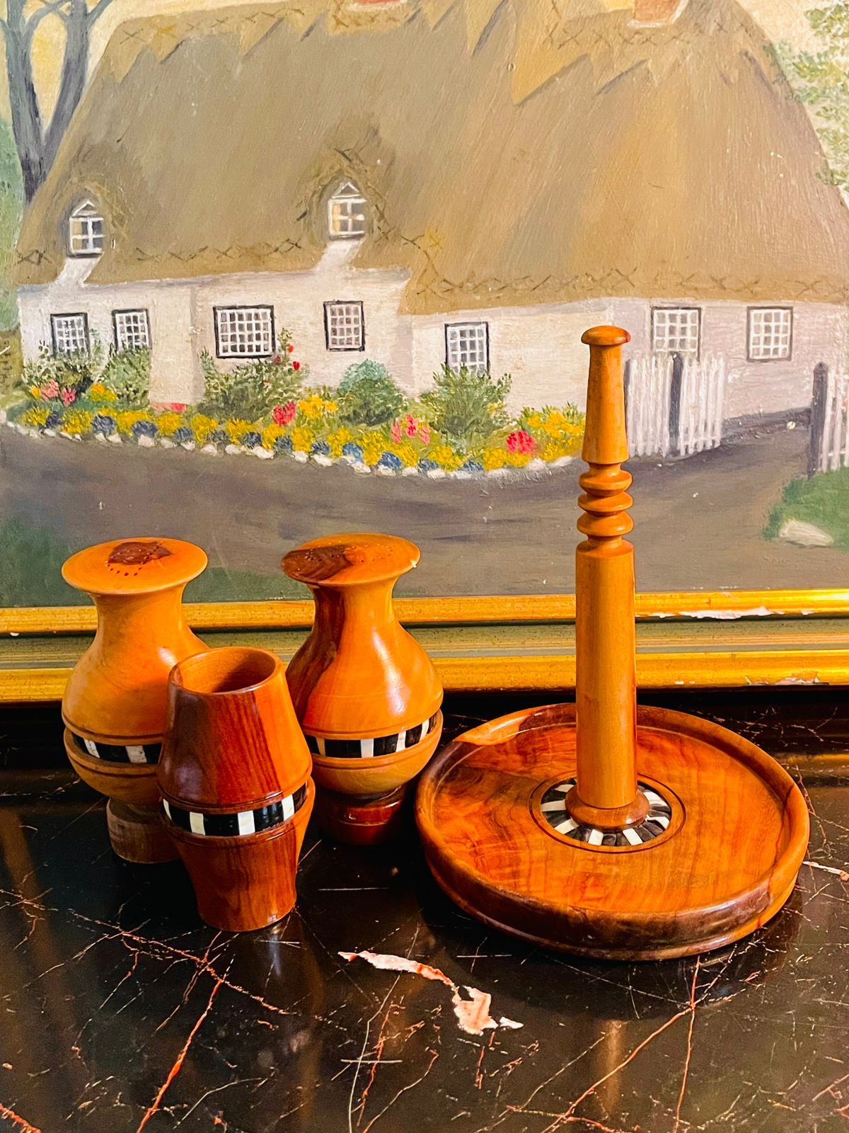 Vintage Wooden Condiment Set with Inlay – Salt, Pepper & Toothpick