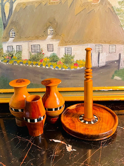 Vintage Wooden Condiment Set with Inlay – Salt, Pepper & Toothpick