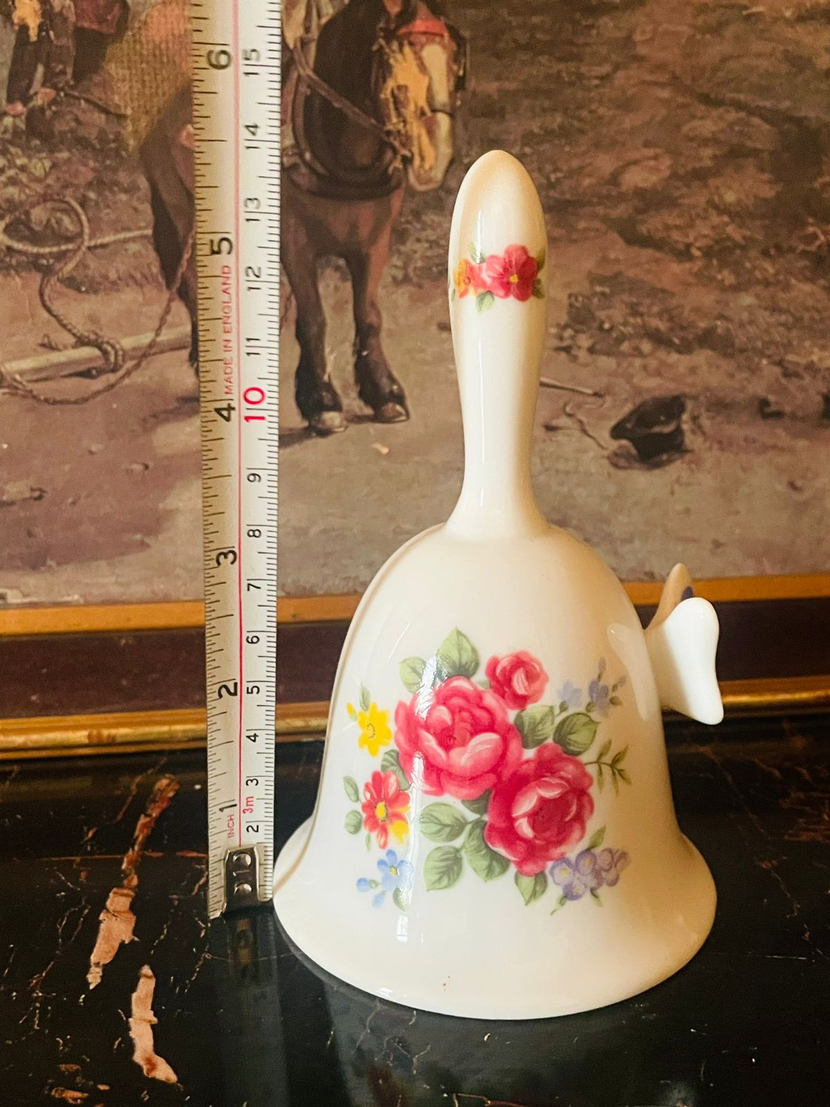 Vintage English Fine Bone Table Bell – Floral Design with 3d Butterfly