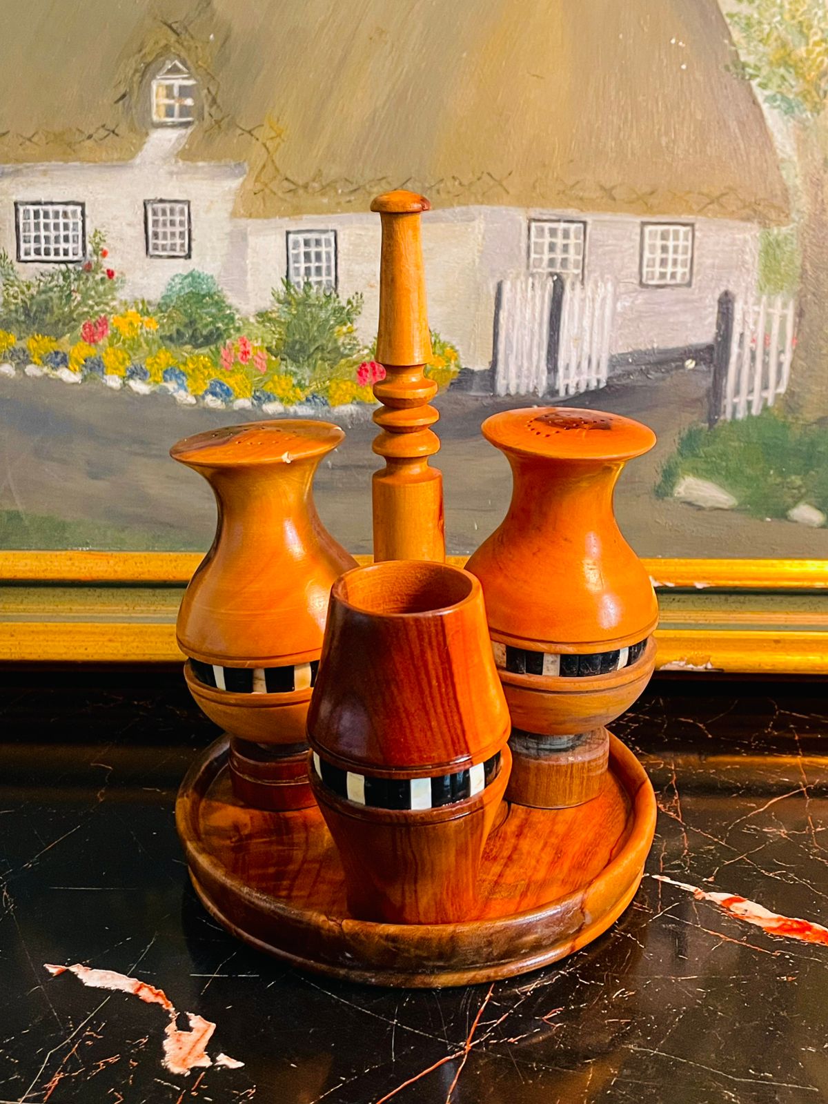 vintage wooden condiment set, rustic table decor, wooden salt pepper shaker, handcrafted kitchenware, boho dining accessories, inlay wood tableware, cottagecore home decor, vintage serveware set, farmhouse kitchen accessories