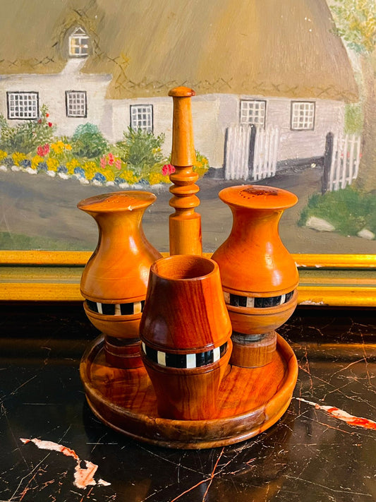 vintage wooden condiment set, rustic table decor, wooden salt pepper shaker, handcrafted kitchenware, boho dining accessories, inlay wood tableware, cottagecore home decor, vintage serveware set, farmhouse kitchen accessories
