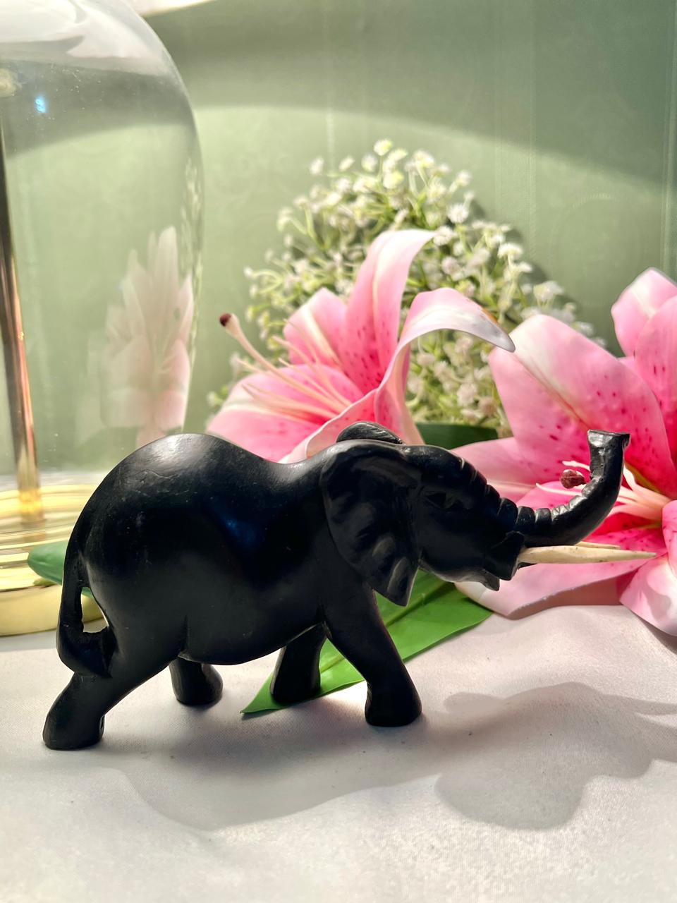 Vintage Black Elephant Figurine with Raised Trunk & Tusks – 16 cm