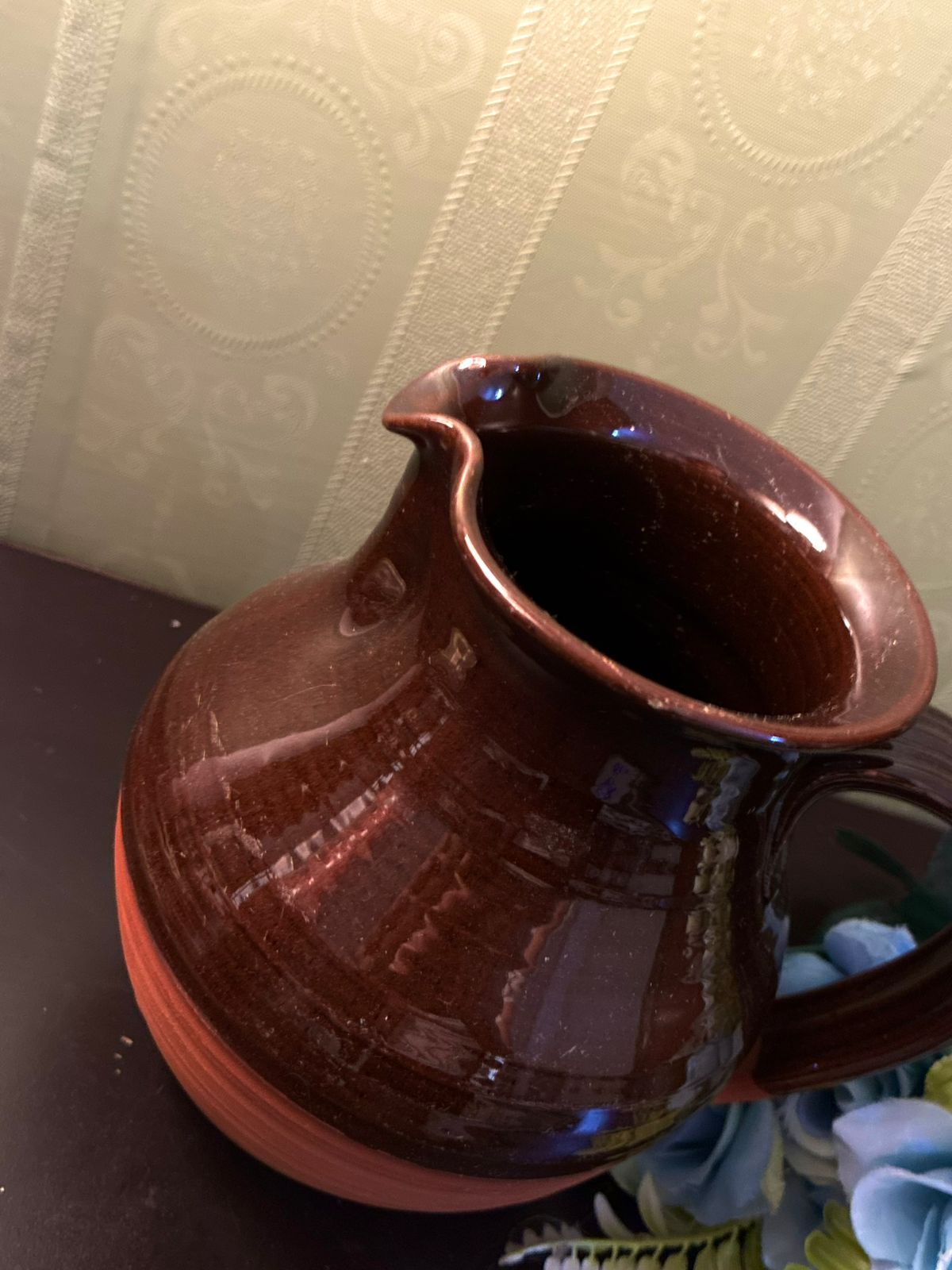 Vintage Brown Ceramic Jug Rustic Farmhouse Pitcher