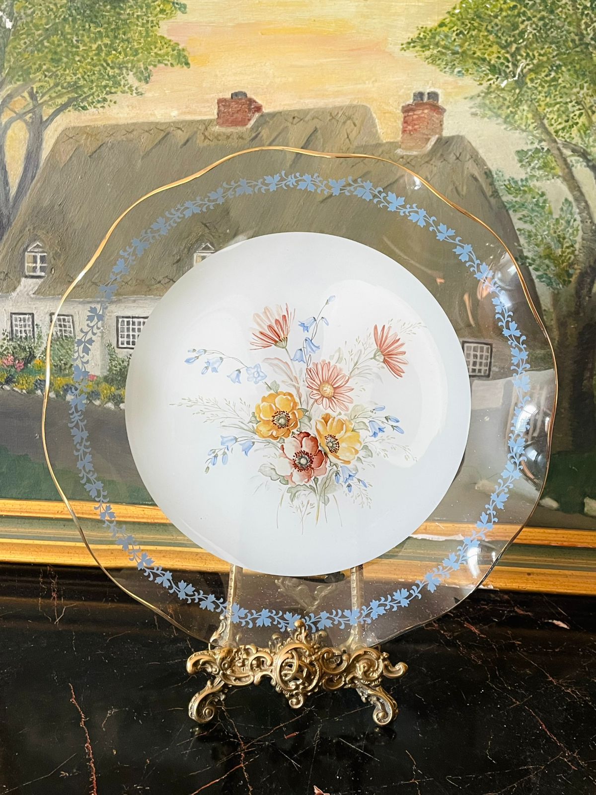vintage glass plate, floral hand-painted dish, blue border glass plate, gold rim glassware, decorative plate, mid century home decor, frosted glass platter, collectible glass art, flower design dish, vintage kitchenware