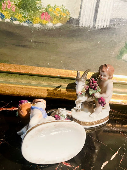 Vintage Cherub & Goat Figurine Pair — Hand-Painted Porcelain