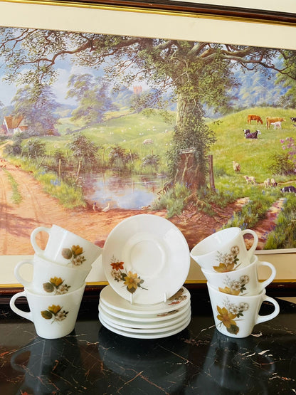 vintage floral tea cups, rare thrift finds, English milk glass cups, autumn blossom crockery, vintage tea set Pakistan, retro floral cups England, European vintage drop, one-of-a-kind thrift treasures, heritage crockery England, timeless vintage decor