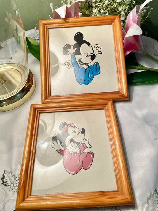 Vintage Disney Babies glass paintings featuring Baby Mickey Mouse and Baby Minnie Mouse Painting Set of 2 – 7 inches