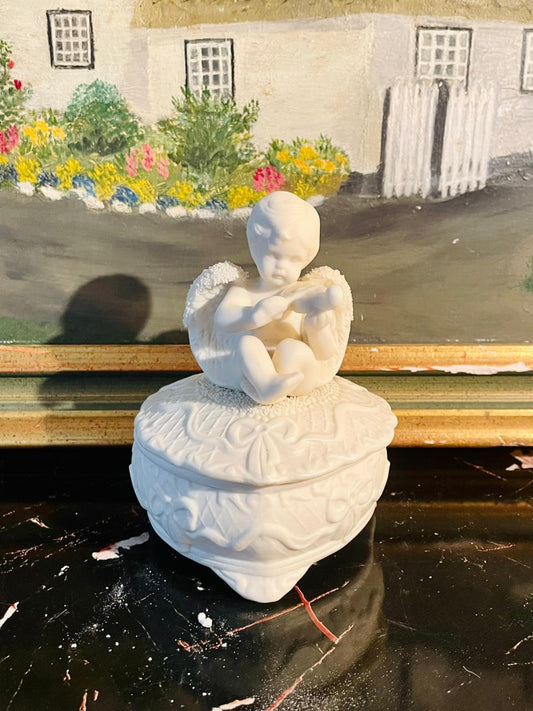 ceramic angel trinket box, heart shaped jewelry box, porcelain angel keepsake, decorative angel storage box, white ceramic trinket jar, angel figurine jewelry holder, ceramic keepsake gift box, porcelain angel heart box, spiritual jewelry box, angel décor box