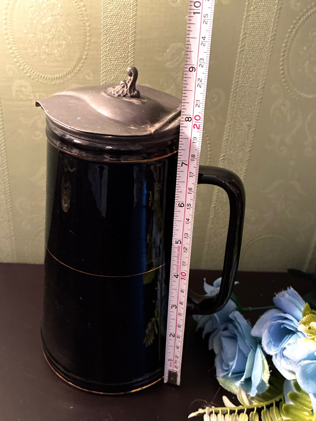 Vintage Black Ceramic Coffee Pot Swan Lid Farmhouse Server