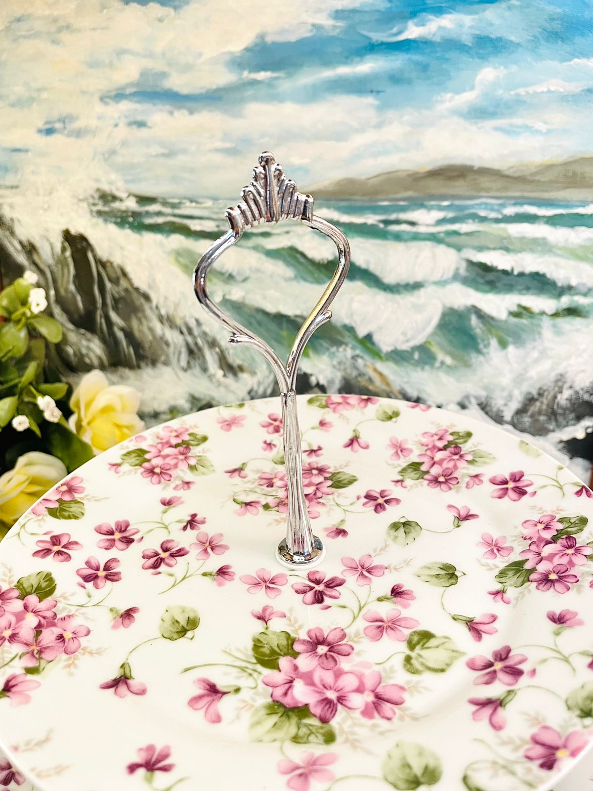 Vintage Pink Floral Two Tier Porcelain Cake Stand