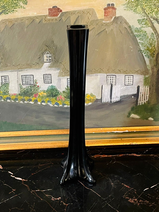 Tall Vintage Black Glass Flared Trumpet Vase – 12 Inch Decorative Accent
