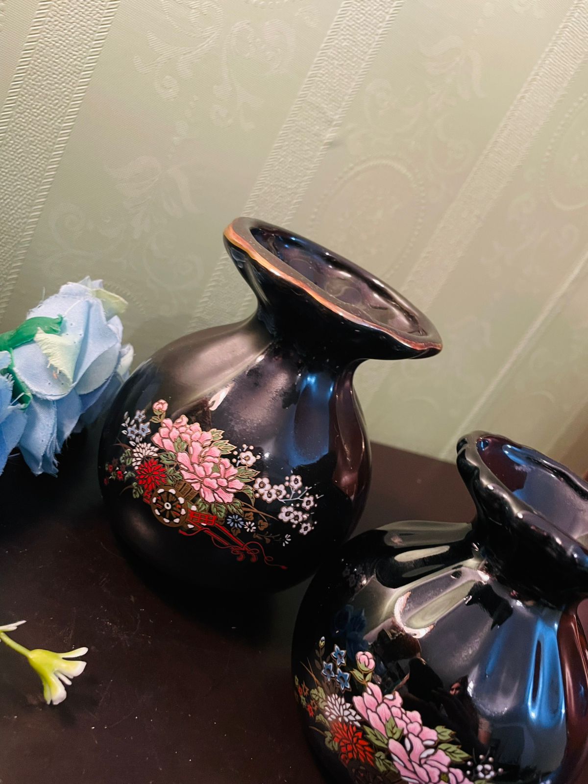 Vintage Black Floral Vase Pair
