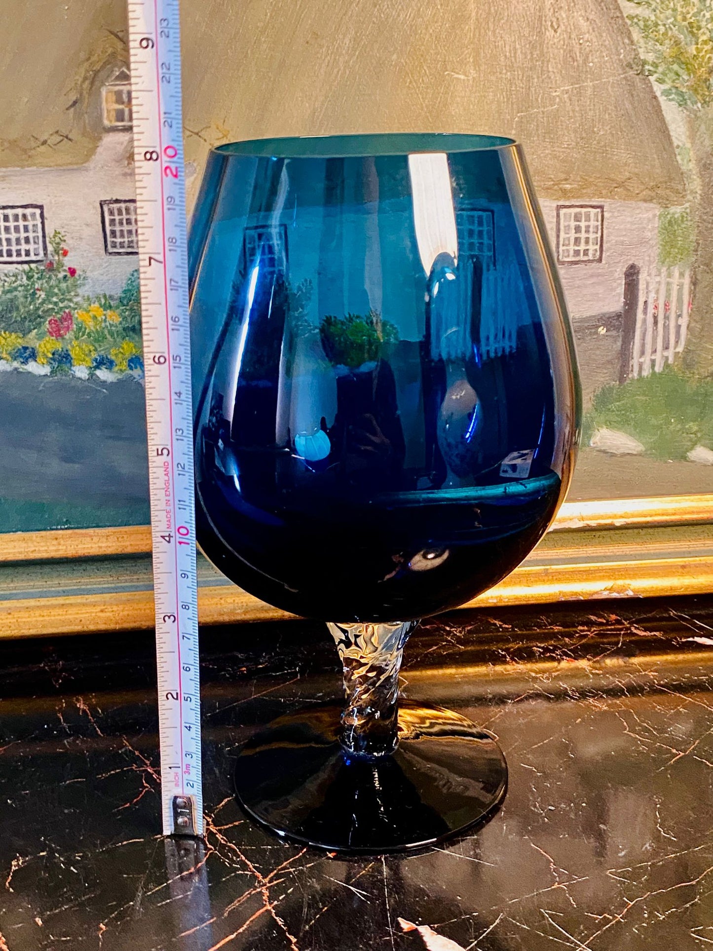 Vintage Deep Blue Glass Brandy Snifter Vase – Twisted Stem Goblet Style – 8 Inches Tall