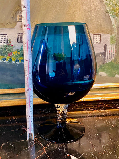 Vintage Deep Blue Glass Brandy Snifter Vase – Twisted Stem Goblet Style – 8 Inches Tall