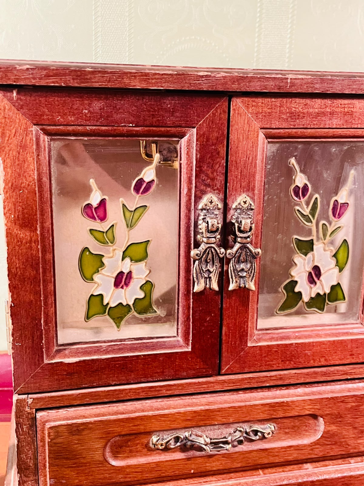 Wooden Jewellery Box with Floral Crystal Panels – 9 Inch