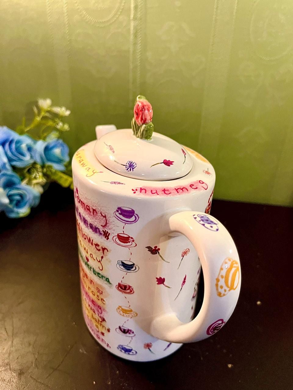Vintage Herbal Tea Ceramic Teapot 7 Inch