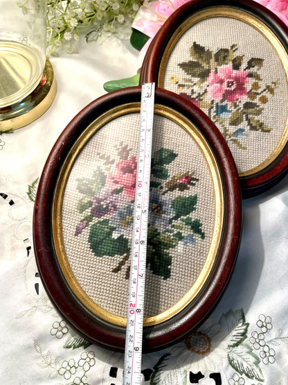 vintage floral needlepoint or petit-point embroidery art pieces Oval Floral Cross-Stitch Wall Art – Set of 2, 9 in