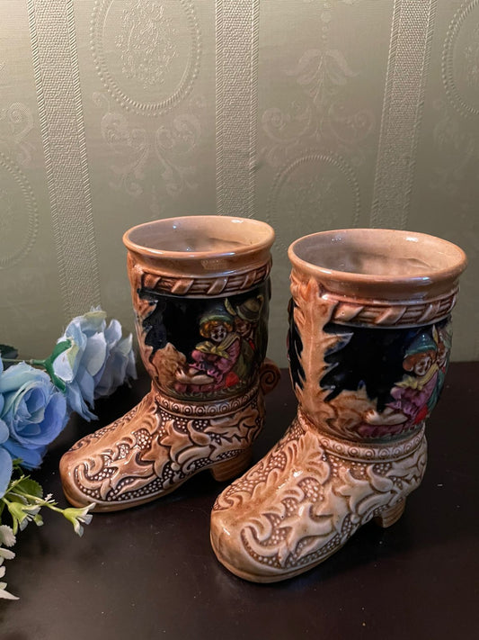 Vintage Ceramic Boot Vases Pair with Cottage Scene