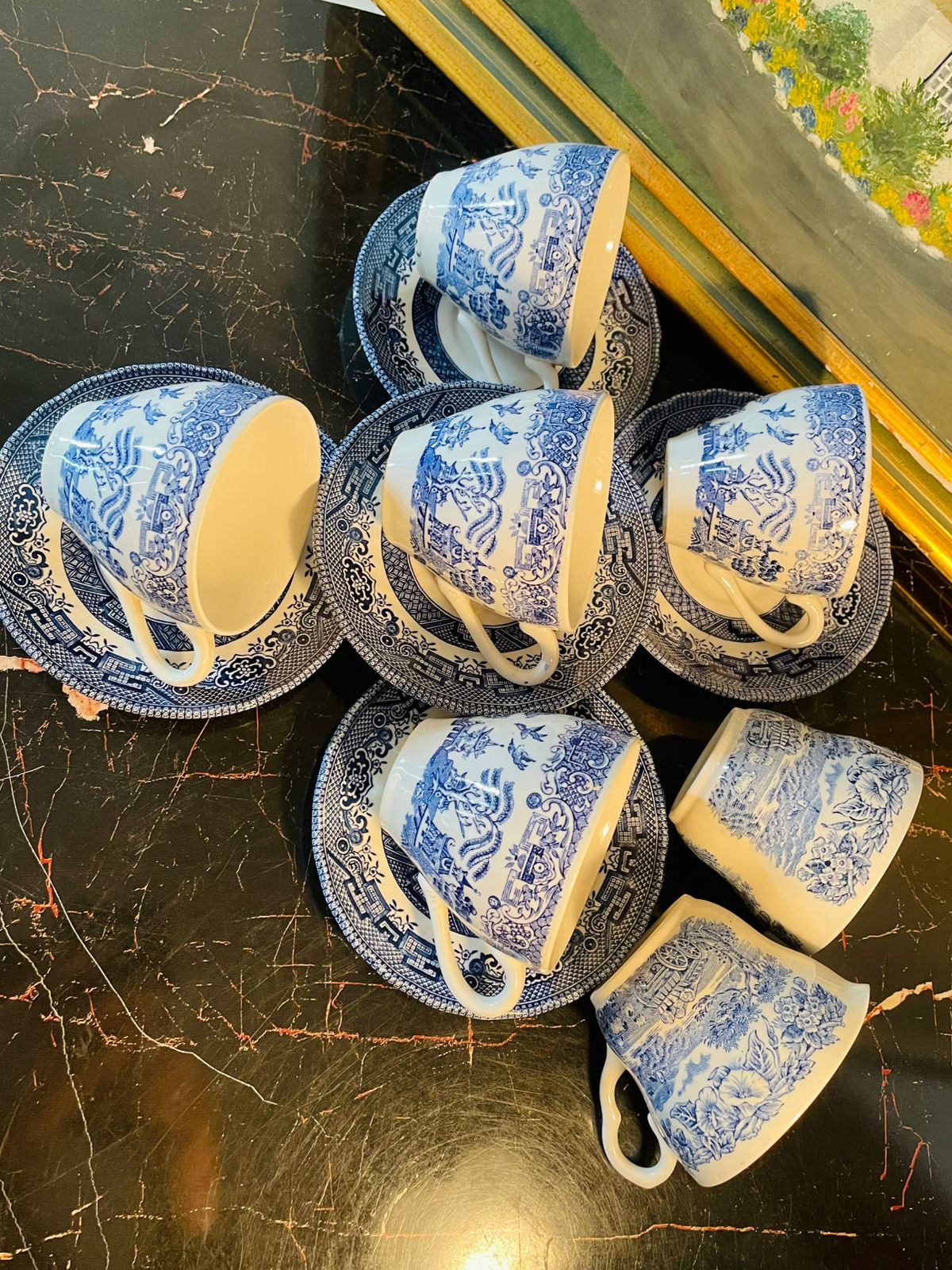 Blue Willow England Blue & White Tea Set – 5 Cups, 5 Saucers – Made in England