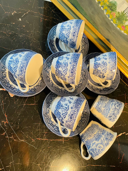 Blue Willow England Blue & White Tea Set – 5 Cups, 5 Saucers – Made in England