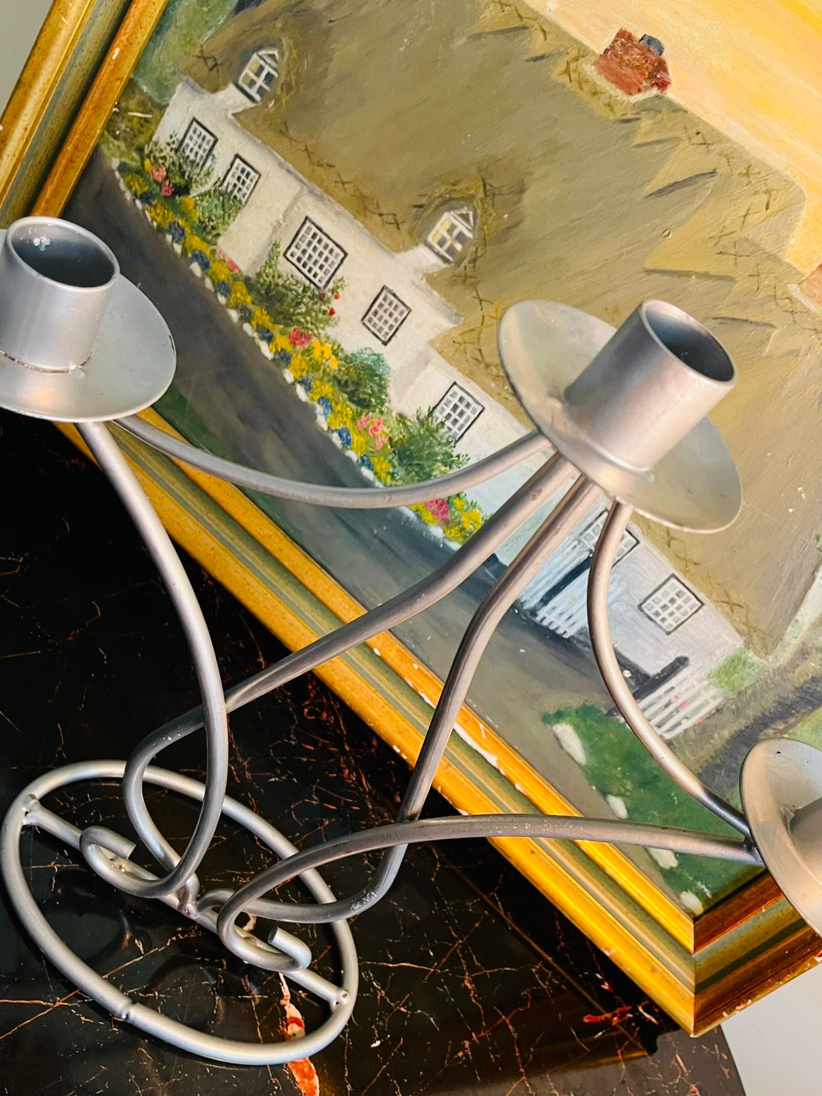 Vintage Silver Metal 3-Arm Candle Holder – Curved Scroll Design