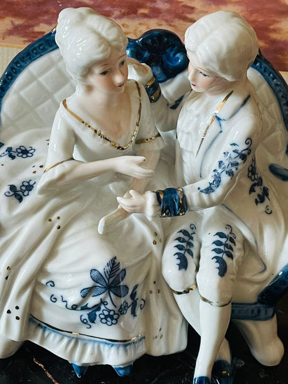 Victorian Couple Figurine – Blue & White with Gold Detailing (England) Blue Pottery Home Decor