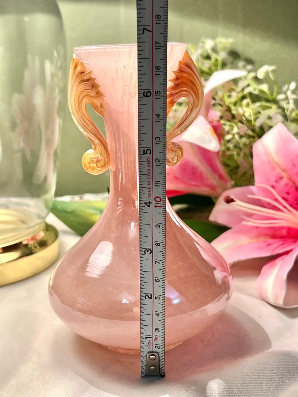 Pink Crystal Vase with Amber Handles – Approx. 6 Inch