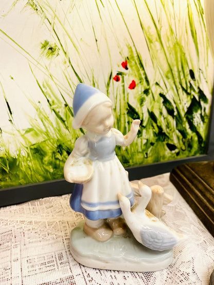Vintage Blue & White Girl with Goose Figurine