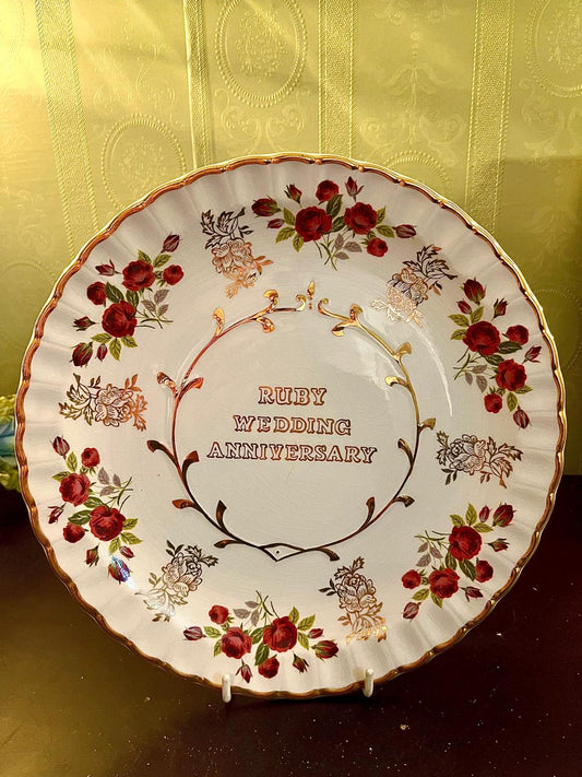 Vintage Ruby Wedding Anniversary Decorative Collector Plate Red Roses Gold Trim 10 Inch