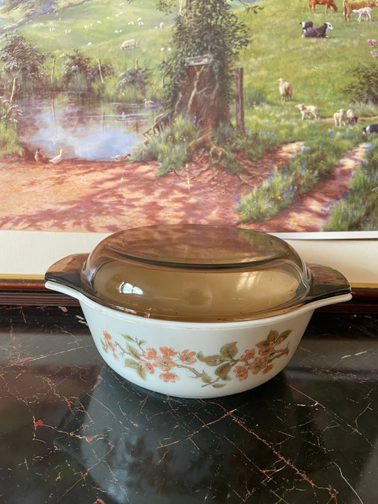 vintage Pyrex casserole dish, Pyrex Cherry Blossom England, Pyrex dish with lid Pakistan, rare thrift finds Pakistan, collectible Pyrex cookware, vintage crockery England, large Pyrex baking dish, European vintage kitchenware, heritage Pyrex serving bowl, timeless vintage Pyrex collection