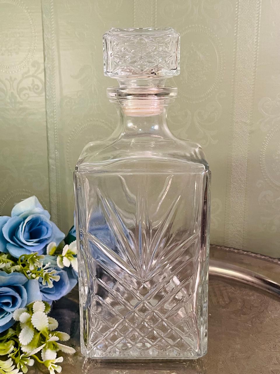 Vintage Cut Crystal Square Decanter 24 cm Geometric Stopper
