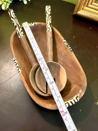 Vintage Wooden Salad Bowl & Servers Set 20 cm