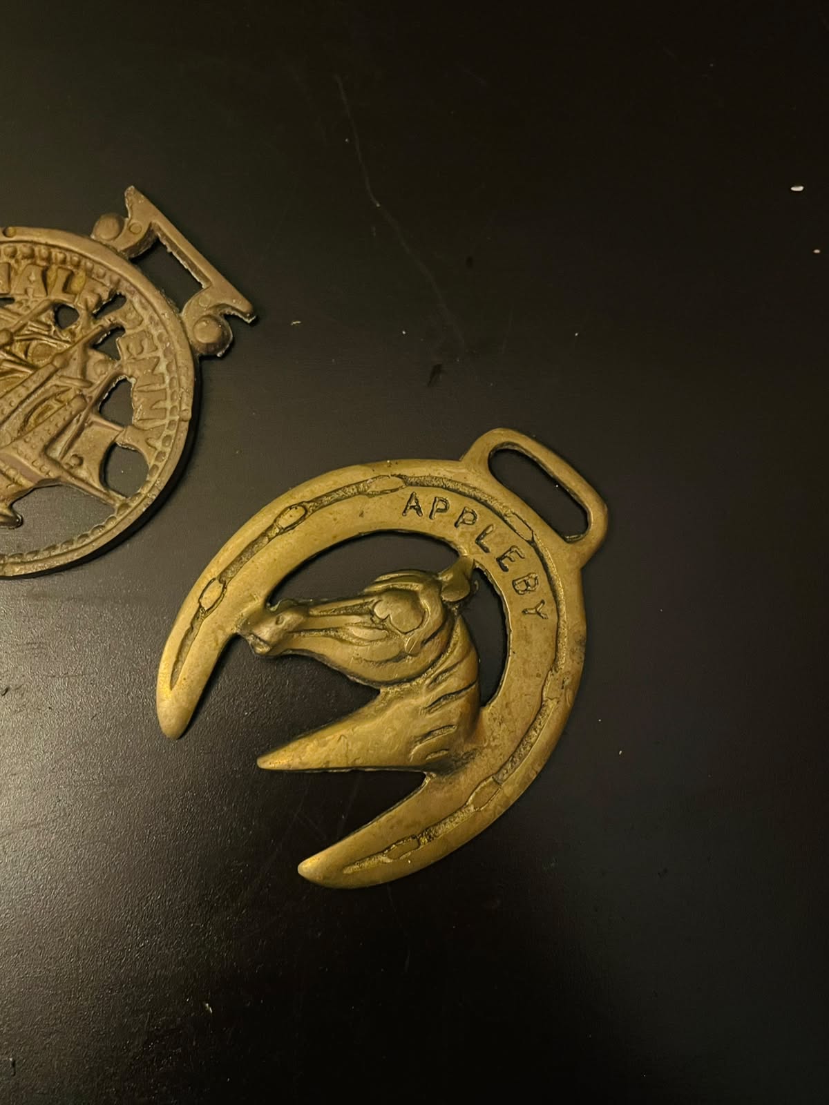 Vintage Brass Horse Medallion & Ship Trivet Set of 2