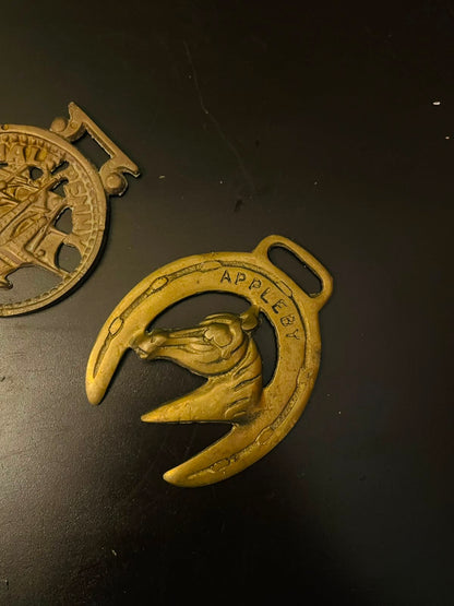 Vintage Brass Horse Medallion & Ship Trivet Set of 2