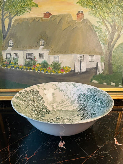 Brownhills Ducoal “Bridge Scenes” Green Transferware Bowl – England – 9.5 Inches